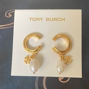 Tory Burch Gold Hoop Earrings with Pearl Drop and Logo Charm